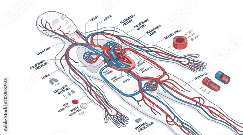 Tableau sur toile Human circulatory system with labeled heart arteries and veins