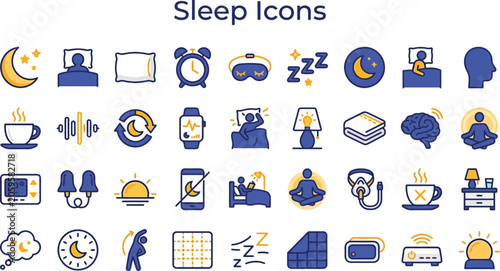 Sleep icons, restful night symbols, dreamy signs, 40 blue and yellow flat designs