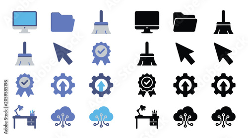 Foto Collection of flat design icons for computer and technology, including color and monochrome versions