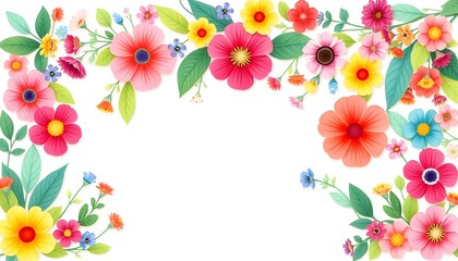 Vibrant floral arrangement decorates border with colorful flowers and leaves on white background