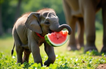 Baby elephant calf eats juicy watermelon slice with its trunk in green grassy field. Other elephants stand blurred background on sunny day. Wild animal enjoys sweet fruit treat.