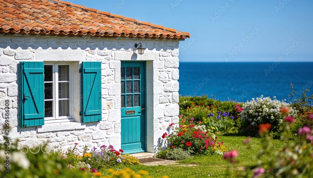 Fototapeta premium Charming coastal house with white stone walls, vibrant turquoise door and shutters, terracotta roof, and a lush garden overlooking a deep blue ocean under a clear sky on a sunny day