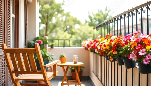 A serene balcony scene with a wooden chair, small table, and vibrant flower boxes on a sunny day.