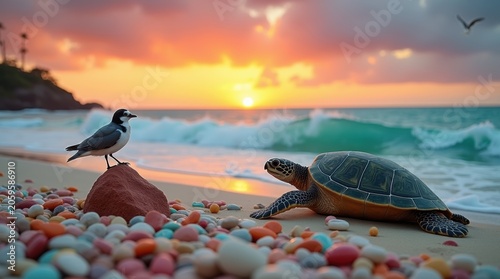 Sea turtle and small bird standing on a rocky beach during a beautiful sunset