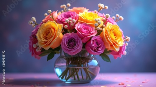 Beautiful bouquet of colorful roses in a glass vase on a soft purple background