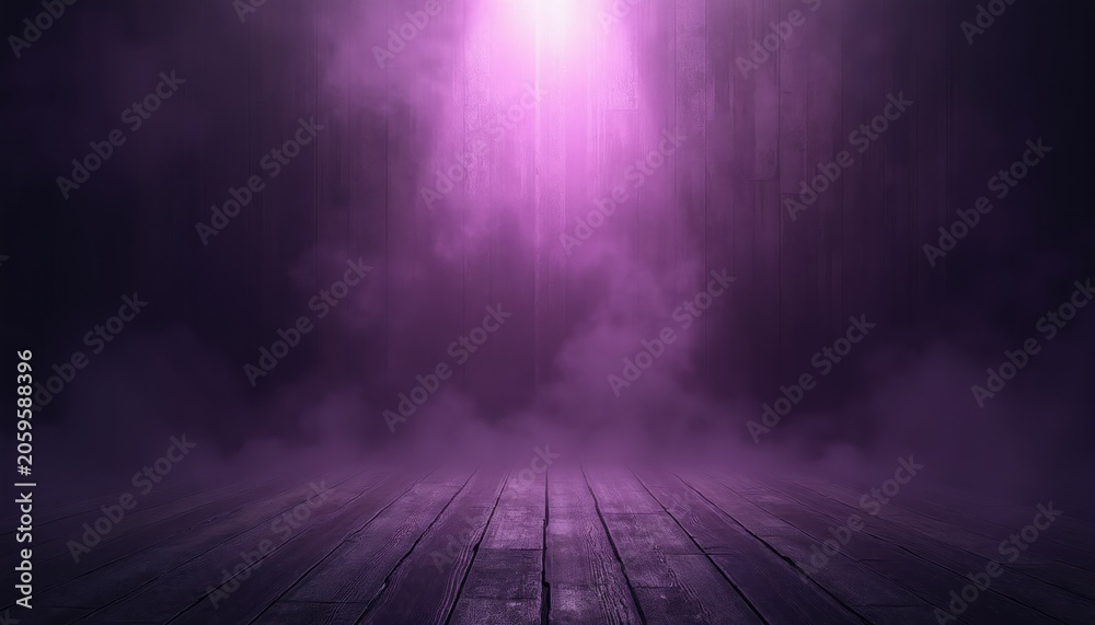 Fototapeta premium Dark purple stage with wooden floor and ceiling, illuminated by bright spotlight beam. Hazy smoke drifts across the scene creating atmosphere.