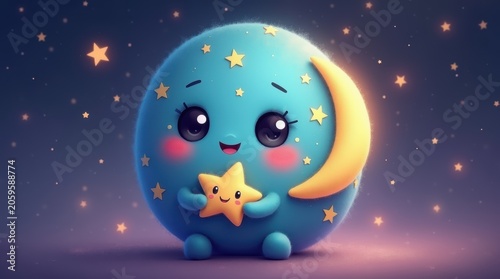 Cute blue moon character holding a small yellow star in the night sky with stars