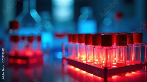 Modern server rack with glowing red lights in a dark blue technological data center