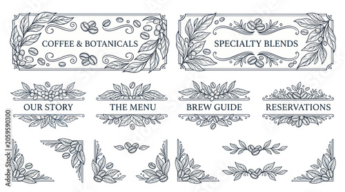 Fotografie Vintage coffee and botanical decorative frames and borders set