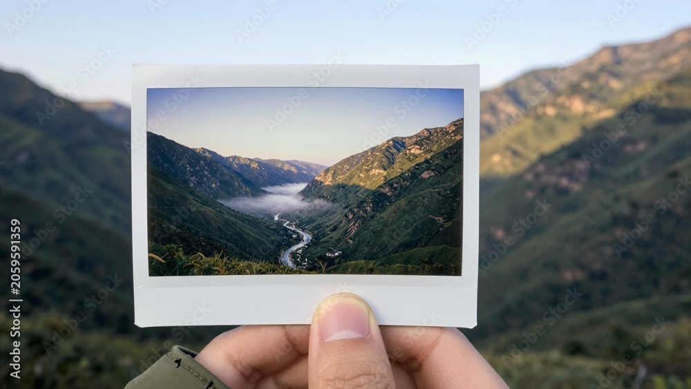 Naklejka premium A hand holds an instant photo capturing a scenic mountain valley with a winding river, set against the actual backdrop of the same landscape in soft focus.