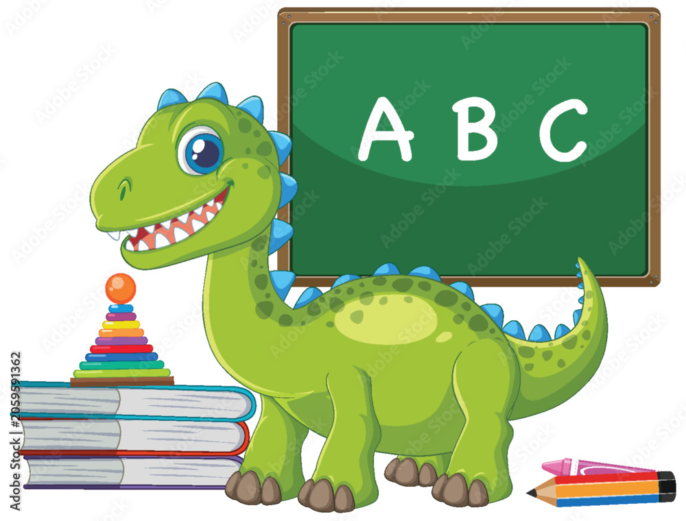 Fototapeta premium Friendly Green Dinosaur in School Setting with ABC Chalkboard and Books