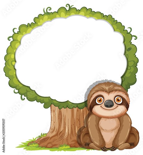 Cartoon Sloth Sitting Beside Tree With Blank Sign