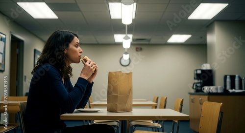Woman sitting alone, eating lunch in office break room