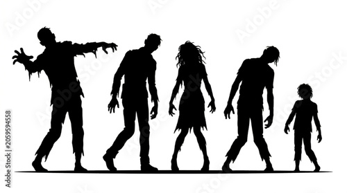 Obraz na plátně Group of walking spooky zombies silhouette vector illustration