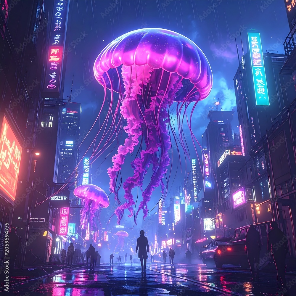 Obraz premium Cyberpunk cityscape with giant glowing jellyfish illuminating streets