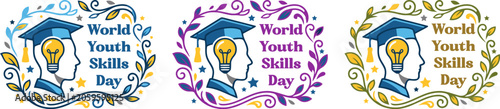 World youth skills day emblems with graduation cap and lightbulb