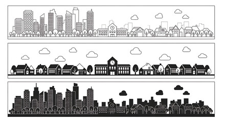 Black and white cityscape silhouette set of urban and suburban skylines with cityscape silhouette suburban buildings architecture graphics collection landscape construction township isolated