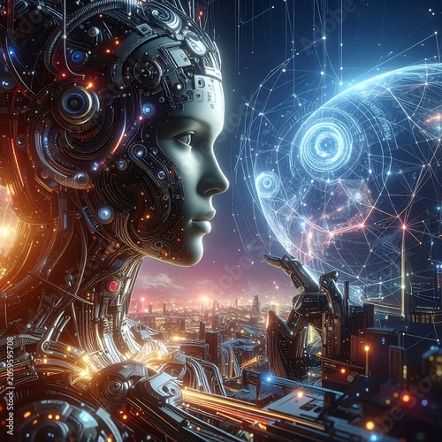 Cyborg looks over city with network and globe