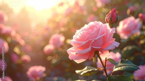 A delicate pink rose blooms in the soft morning sunlight