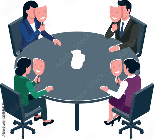 Business People Holding Smiling Masks in Conference Meeting Vector for Corporate Hypocrisy Fake Identity Deception and Toxic Office Politics Conceptual Designs