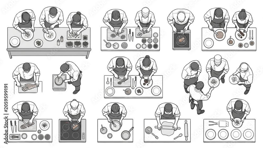 Fototapeta premium Restaurant Kitchen Chefs Preparing Food Lineart Vector Set with Overhead Layout Poses