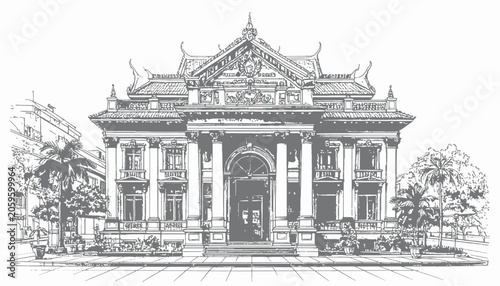Large ornate building with columns.
