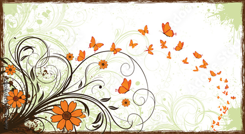Grunge style floral background featuring orange daisies and swirling dark vines with a trail of flying butterflies for nature design.