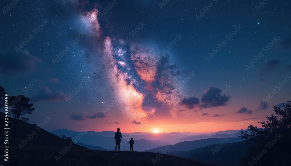 Fototapeta premium Two silhouetted figures stand on hill watching vibrant Milky Way galaxy, meteor shower. Sunset colors blend with starlight over rolling mountains. Cosmic view inspires wonder, contemplation about