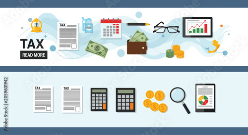 Comprehensive tax and finance banner set with icons for documents money calculator magnifying glass and growth charts.