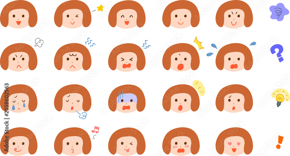 Obraz premium おかっぱの若い女性の様々な表情のイラストセット