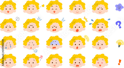 パーマをかけた黄色い髪の若い女性の様々な表情のイラストセット