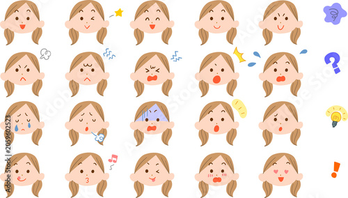 髪の毛を2つに縛った若い女性の様々な表情のイラストセット