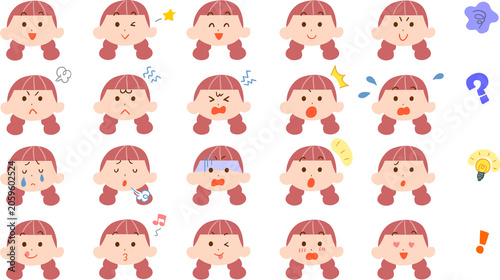 赤毛の三つ編みの若い女性の様々な表情のイラストセット