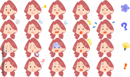 赤毛の若い女性の様々な表情のイラストセット