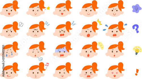 ポニーテールヘアの若い女性の様々な表情のイラストセット