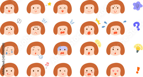 おかっぱの若い女性の様々な表情のイラストセット