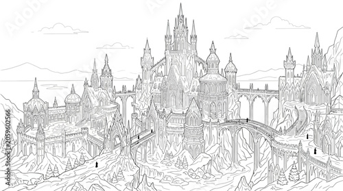 Valokuva Intricate line art illustration of a majestic fantasy castle complex