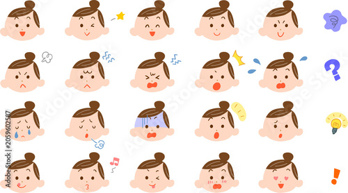 若い女性の様々な表情のイラストセット