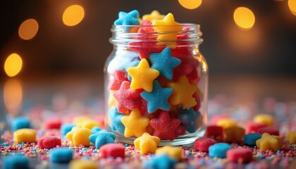Glass jar filled with colorful star-shaped candies. Small candies scattered around jar. Soft glowing lights in background create festive mood. Perfect for holidays and celebrations.
