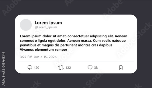 Twitter x social media blank tweet post mockup with like, comment, and share buttons. Vector illustration