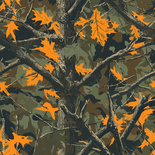 RealTree and Mossy Oak style hyper realistic real tree camouflage seamless pattern with bark branches and leaves print ready 300 dpi for hunting gear