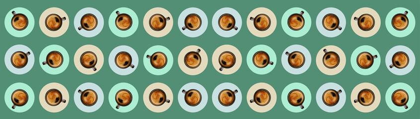 Coffee cups, seamless patterns, wide coffee drinks banner, top view, image manipulation. Horizontal visual, insulated cups with black coffee drink. Abstract drinks backgrounds
