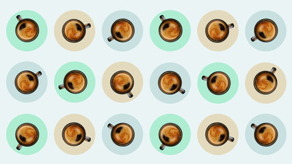 Coffee seamless patterned wallpaper, top view, image manipulation. Horizontal visual, insulated cups with black coffee drink. Drinks pattern, abstract backgrounds