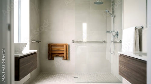 Modern residential bathroom design featuring essential accessibility features like chrome grab bars and safety rails for elderly and disabled person support in a clean minimalist interior.