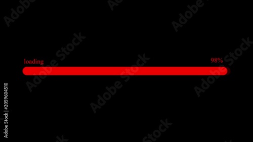 Red neon loading bar animation counting from 0 to 100 percent with glowing progress effect on black background symbolizing digital update, charge, download, and modern progress concept