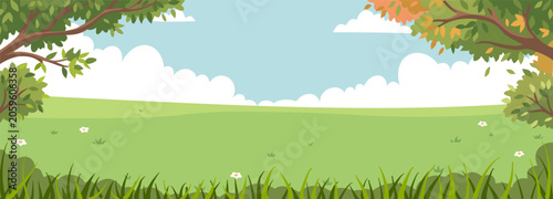 Photography Panoramic spring landscape vector of a wide green grass field framed by lush tre