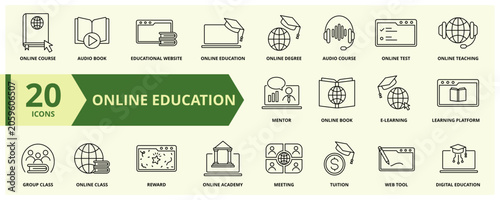 Online education icon collection. Thin outline set contains such icons as educational website, online degree, learning platform, reward, web tool  and more. Simple web icons set
