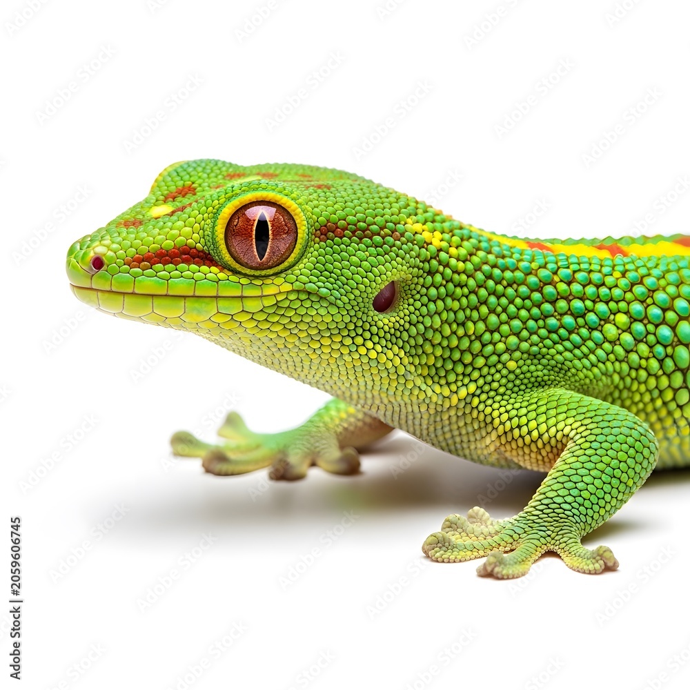 Fototapeta premium Close up portrait of a bright green gecko lizard