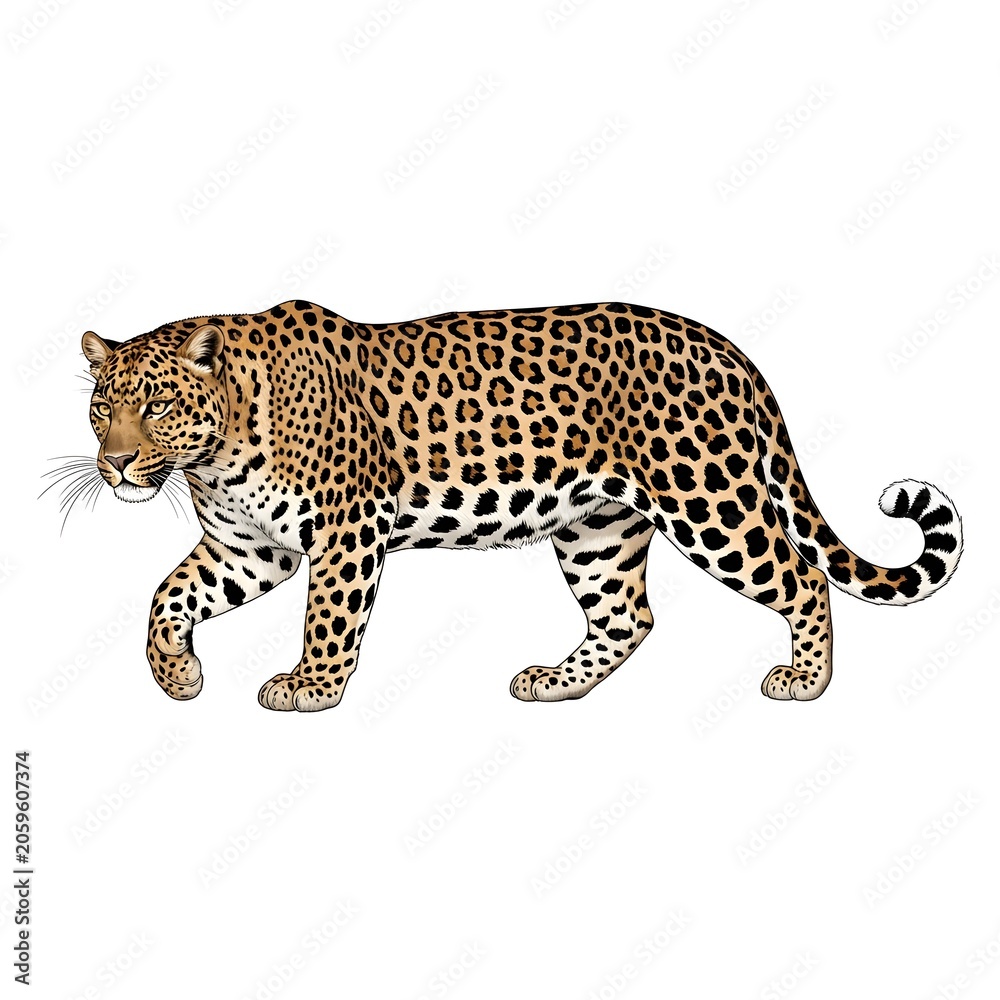 Naklejka premium A beautiful leopard walking with colorful patterned spots