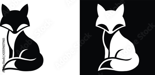 Black and white fox icons side by side on contrasting backgrounds animal silhouette